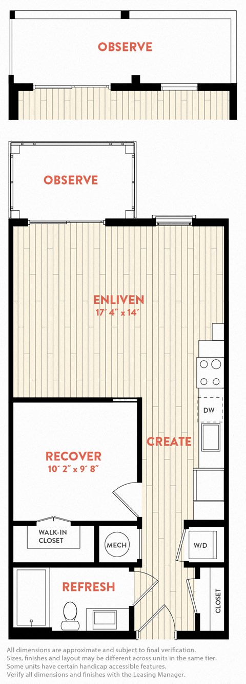 Floor plan for 1 bed, 1 bath, 613 sqft